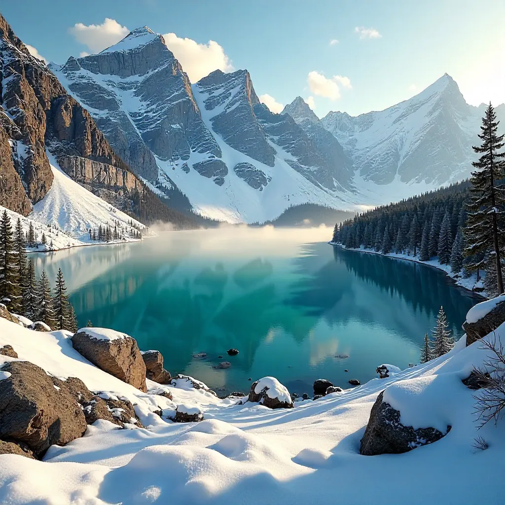 Turquoise Lake Among Snowy Peaks and Rocks