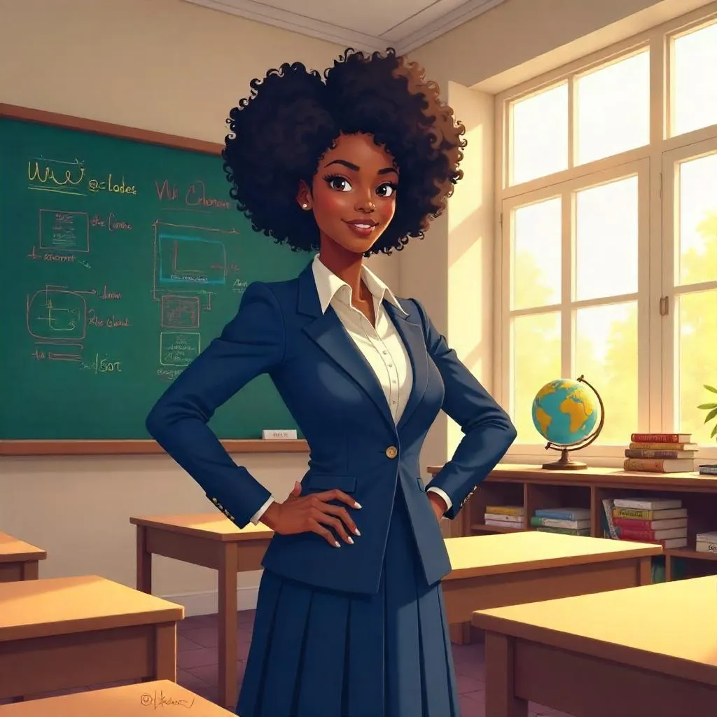 Confident Black Woman in an Anime Classroom