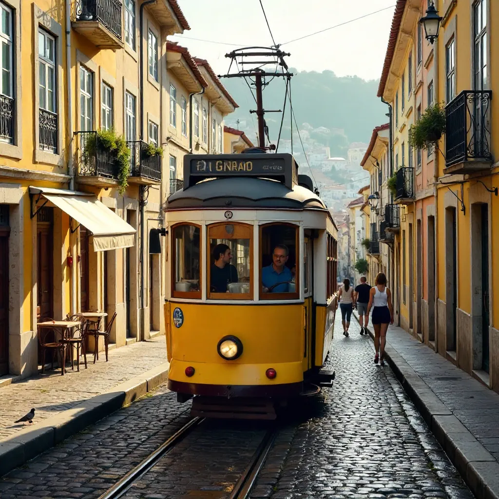 Yellow Tram in Lisbon's Historic Streets
