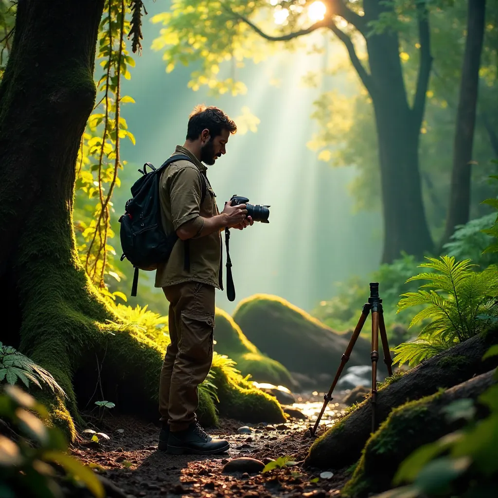 Photographer Checks DSLR in a Lush Forest