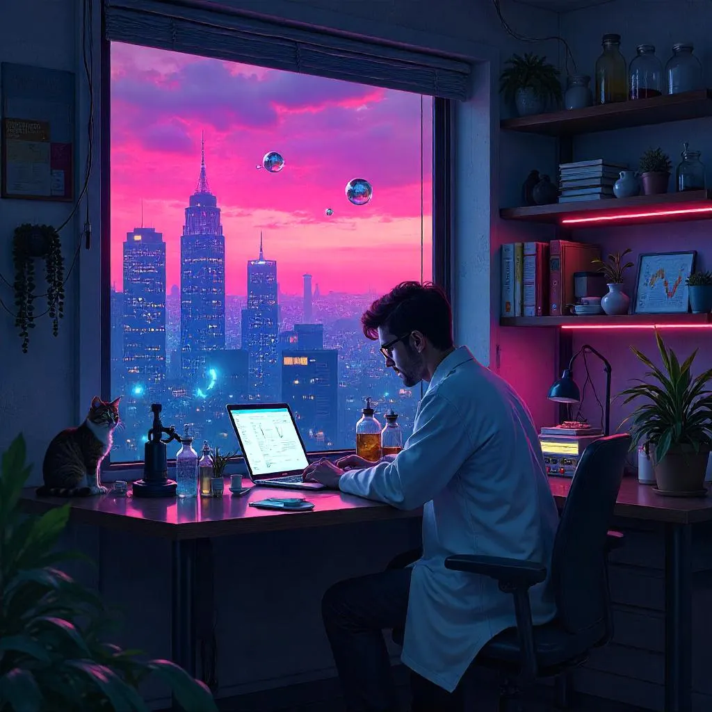Neon-Lit Scientist in a Compact Apartment