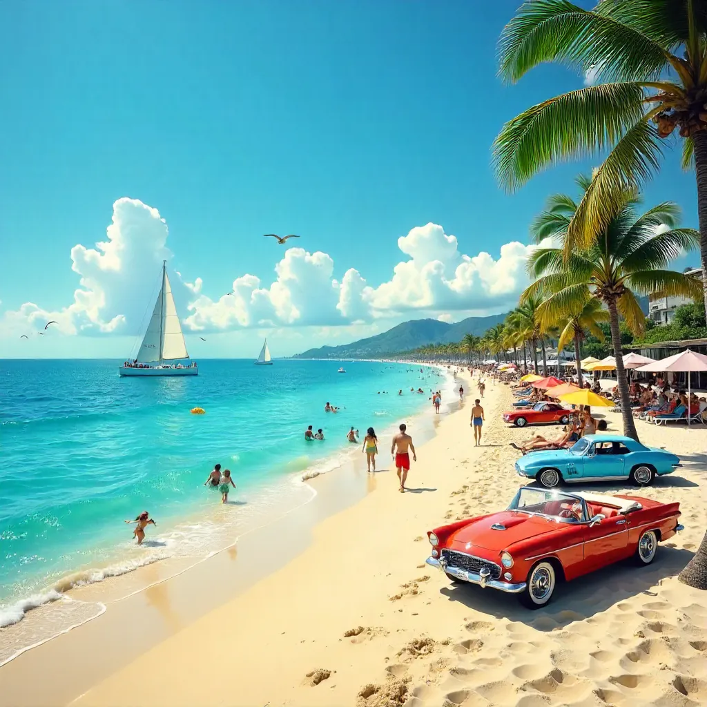 Vibrant Beach Scene with Sailboats and Cars