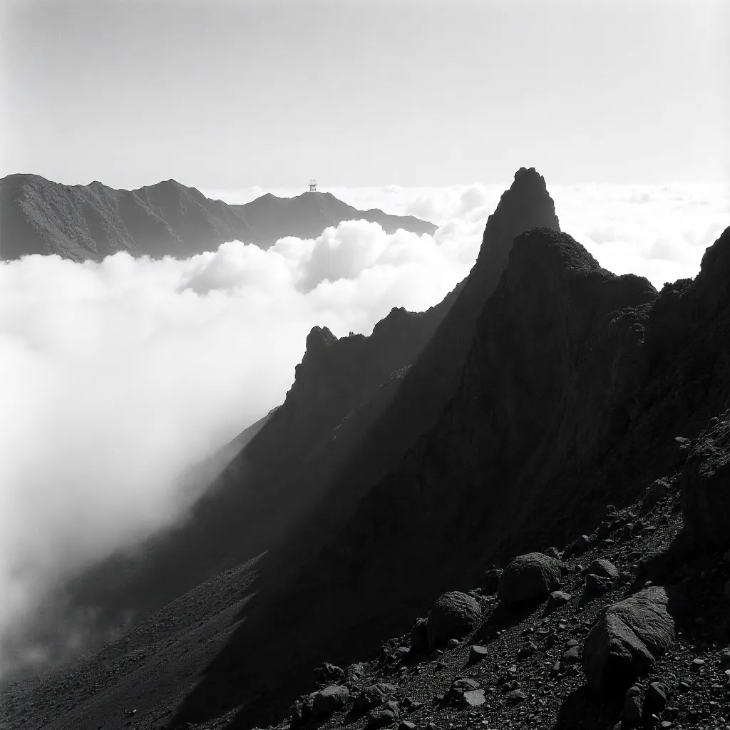 Black and White Madeira Mountains with Fog and Radar Dome
