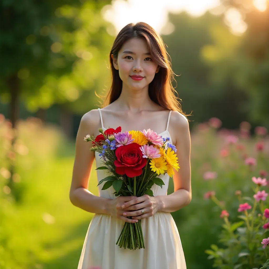 Young Woman in a White Dress with Colorful Bouquet Outdoors
