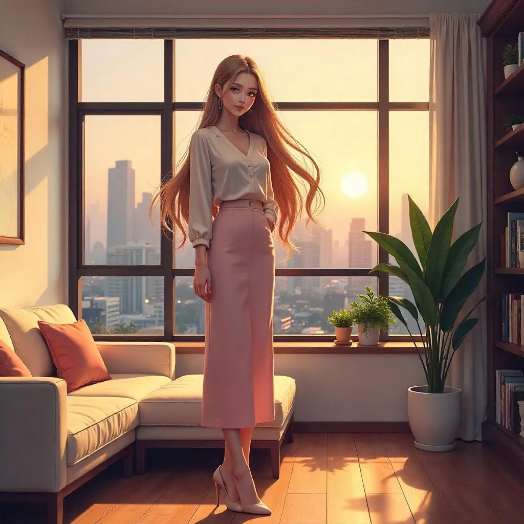 Elegant Anime Woman in a Modern Apartment