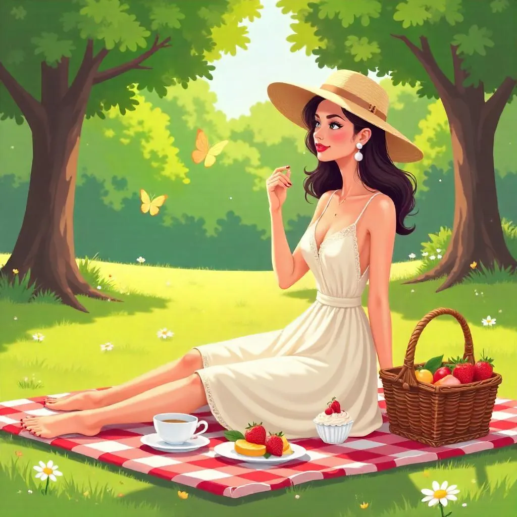 Elegant Cartoon White Woman at a Picnic