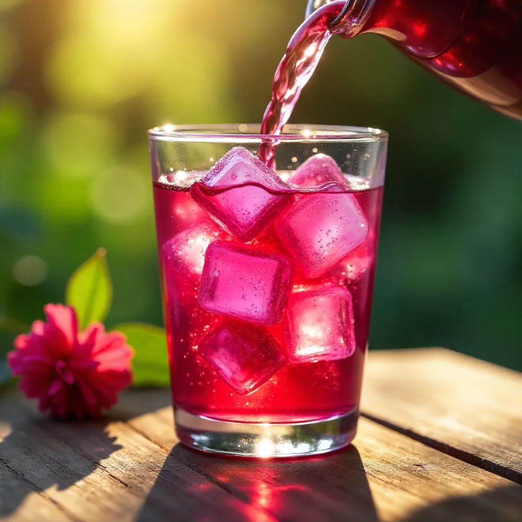 Cascading Hibiscus Tea Over Ice in Clear Glass