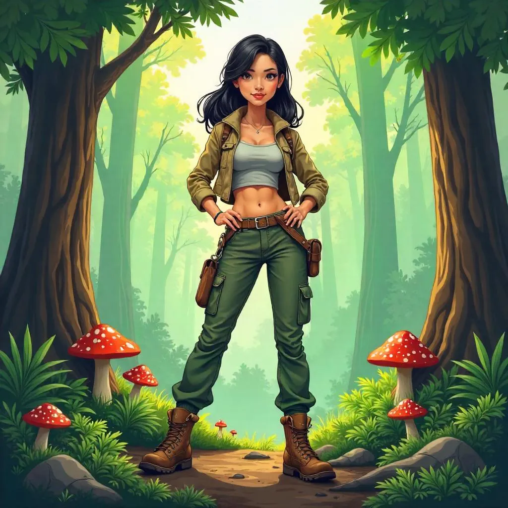 Confident Asian Woman in a Lush Forest - Cartoon