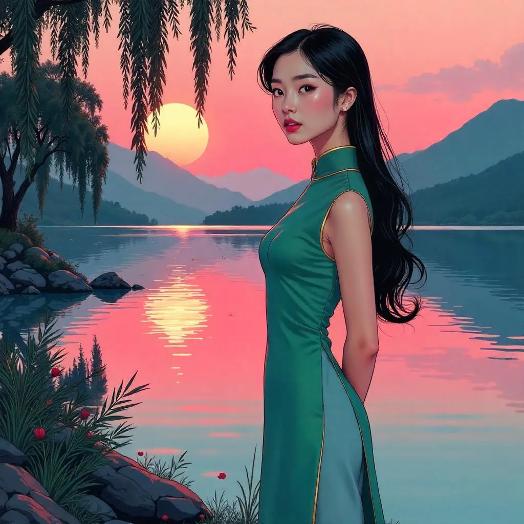 Elegant Asian Girl by a Lake — Comic Book Style