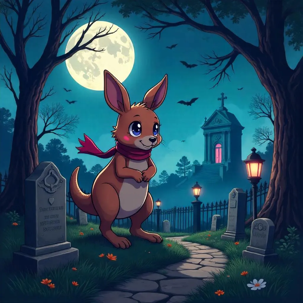 Moonlit Graveyard Kangaroo in Anime Style