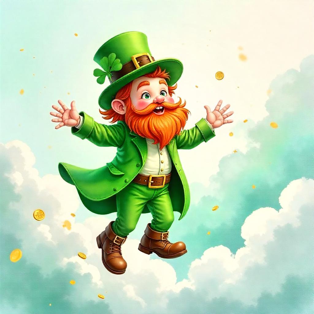 Leprechaun Drifting Through Watercolor Clouds