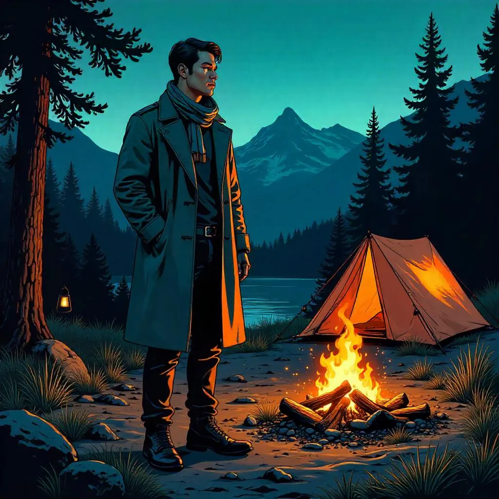 Elegant Asian Man in a Comic Camping Scene