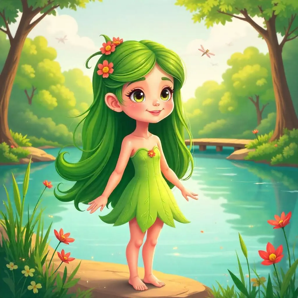 Whimsical Cartoon Nymph by a Serene Lake