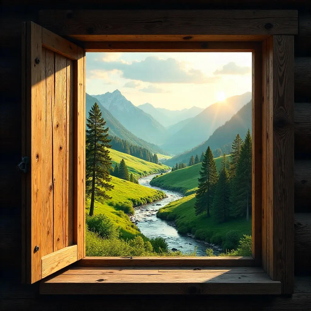 Valley View Through a Rustic Window Frame
