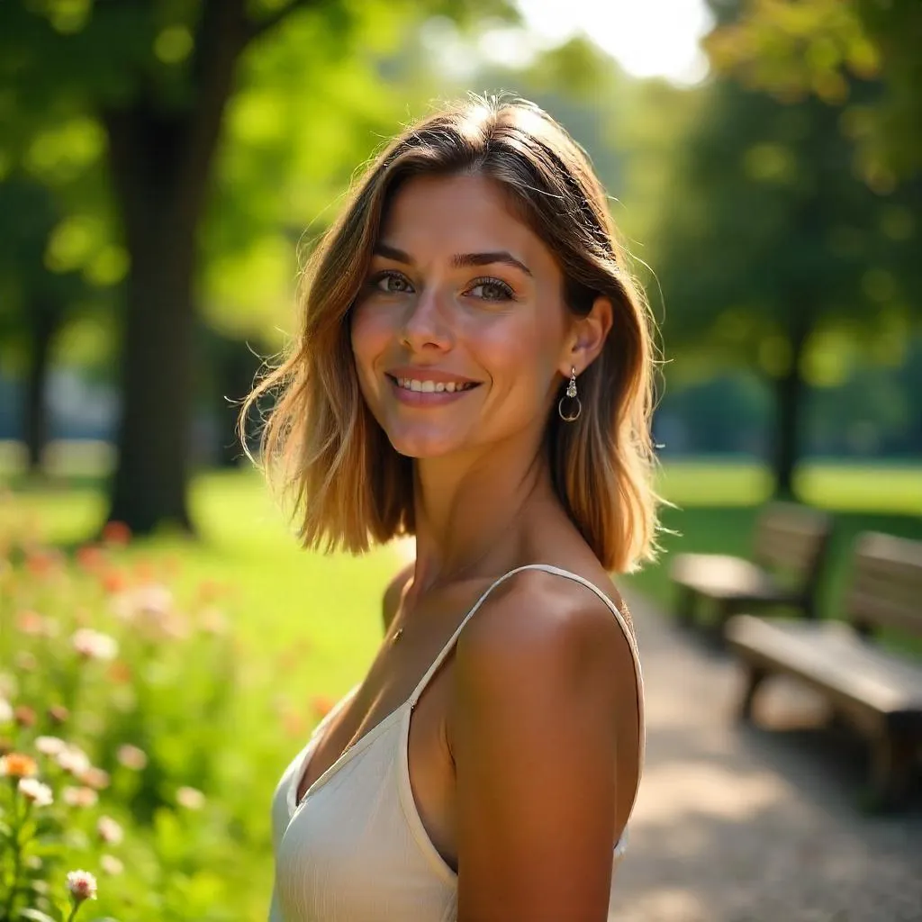 Photorealistic park portrait of a fair-skinned woman