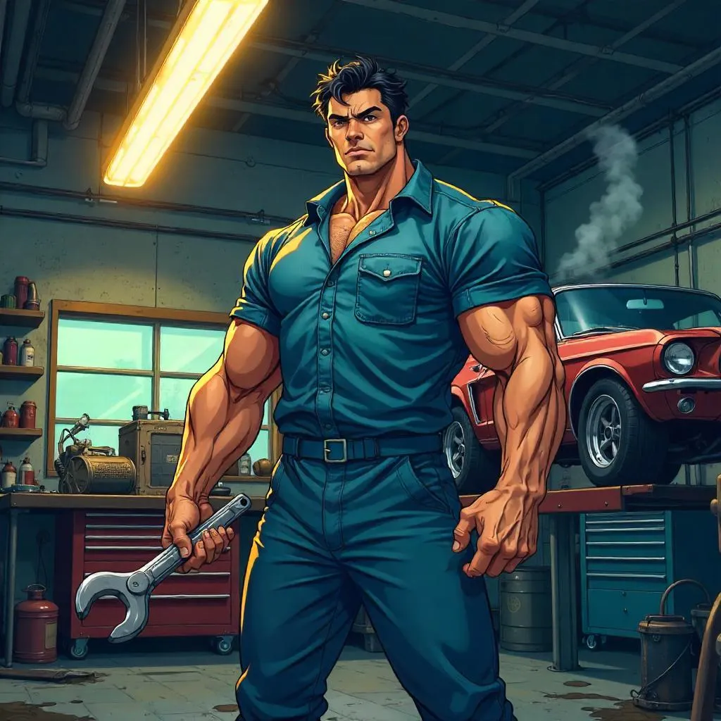 Muscular Asian Mechanic in Neon Anime Garage