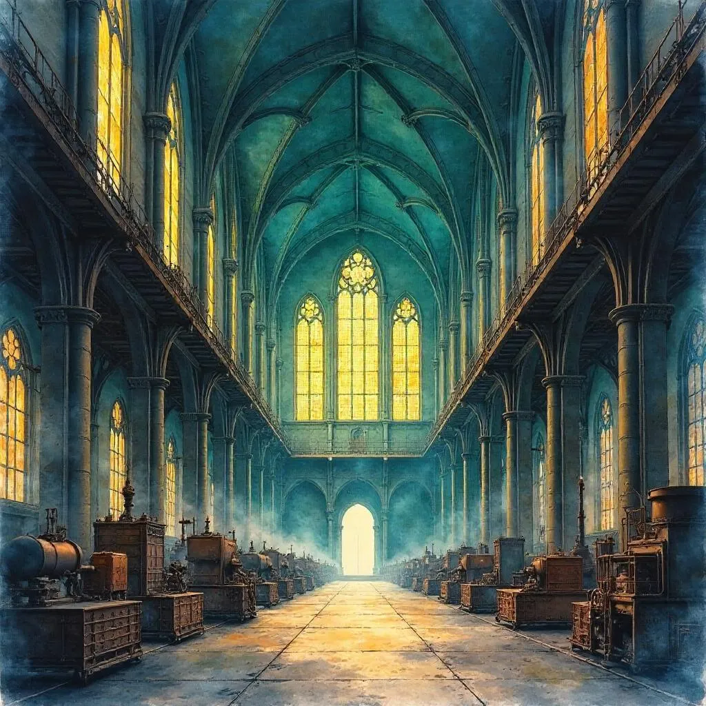 Watercolor Cathedral Rising Within a Factory
