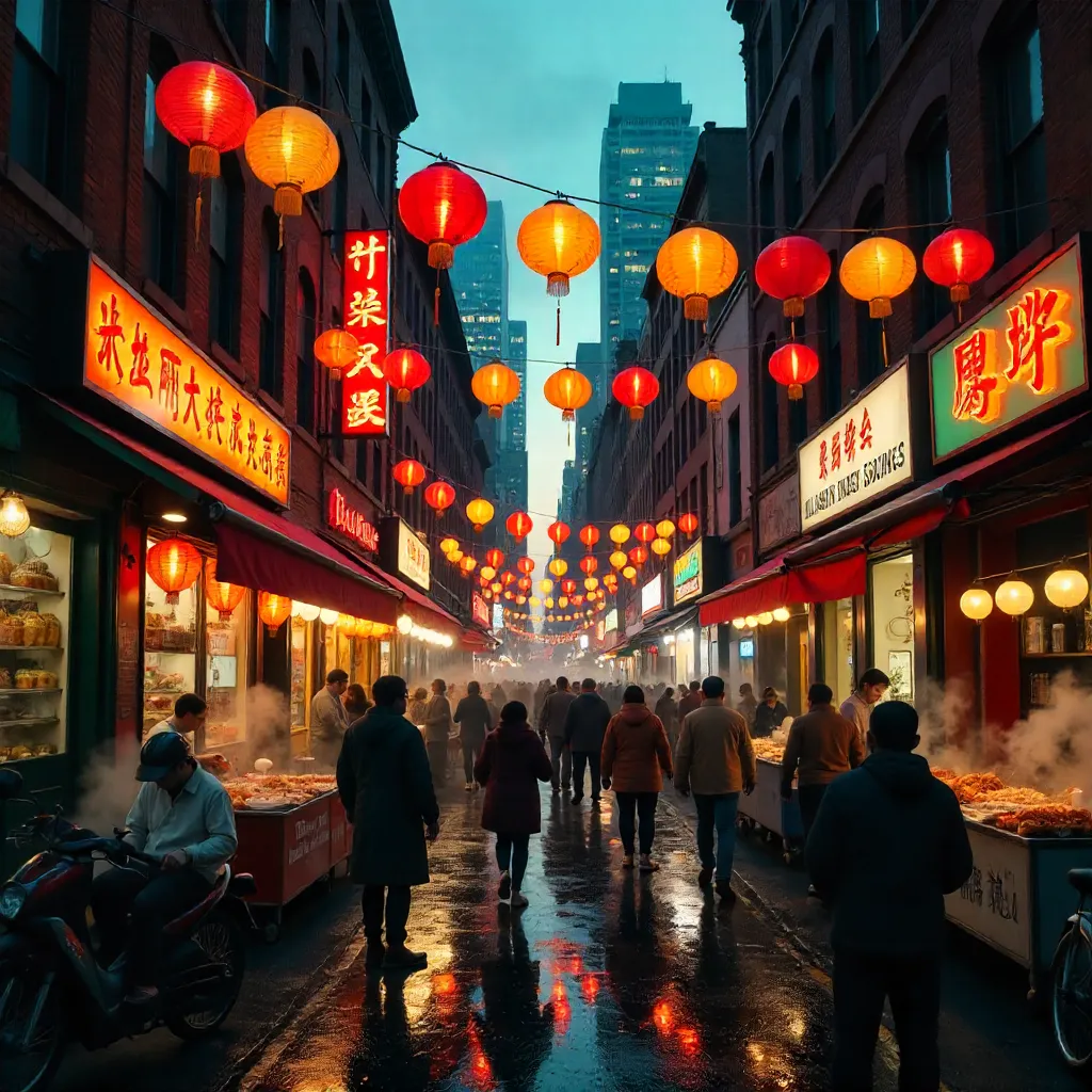 Lantern-lit Streets of NYC Chinatown at Dusk