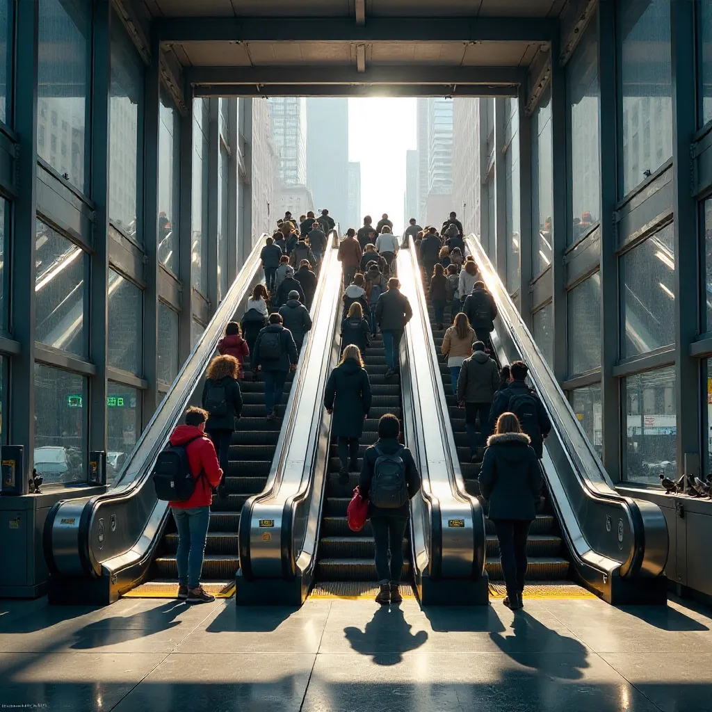 Escalator Crowd at a Modern NYC Subway Entrance
