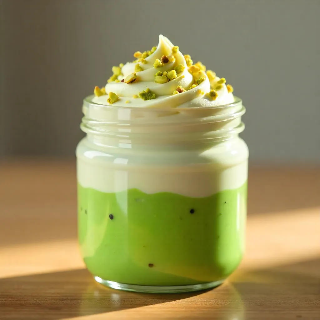 Creamy Matcha Dessert in a Pistachio-Topped Jar