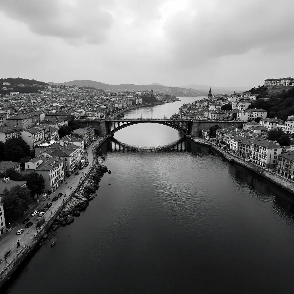 Monochrome Aerial: Porto's Riverside & Dom Luís I Bridge