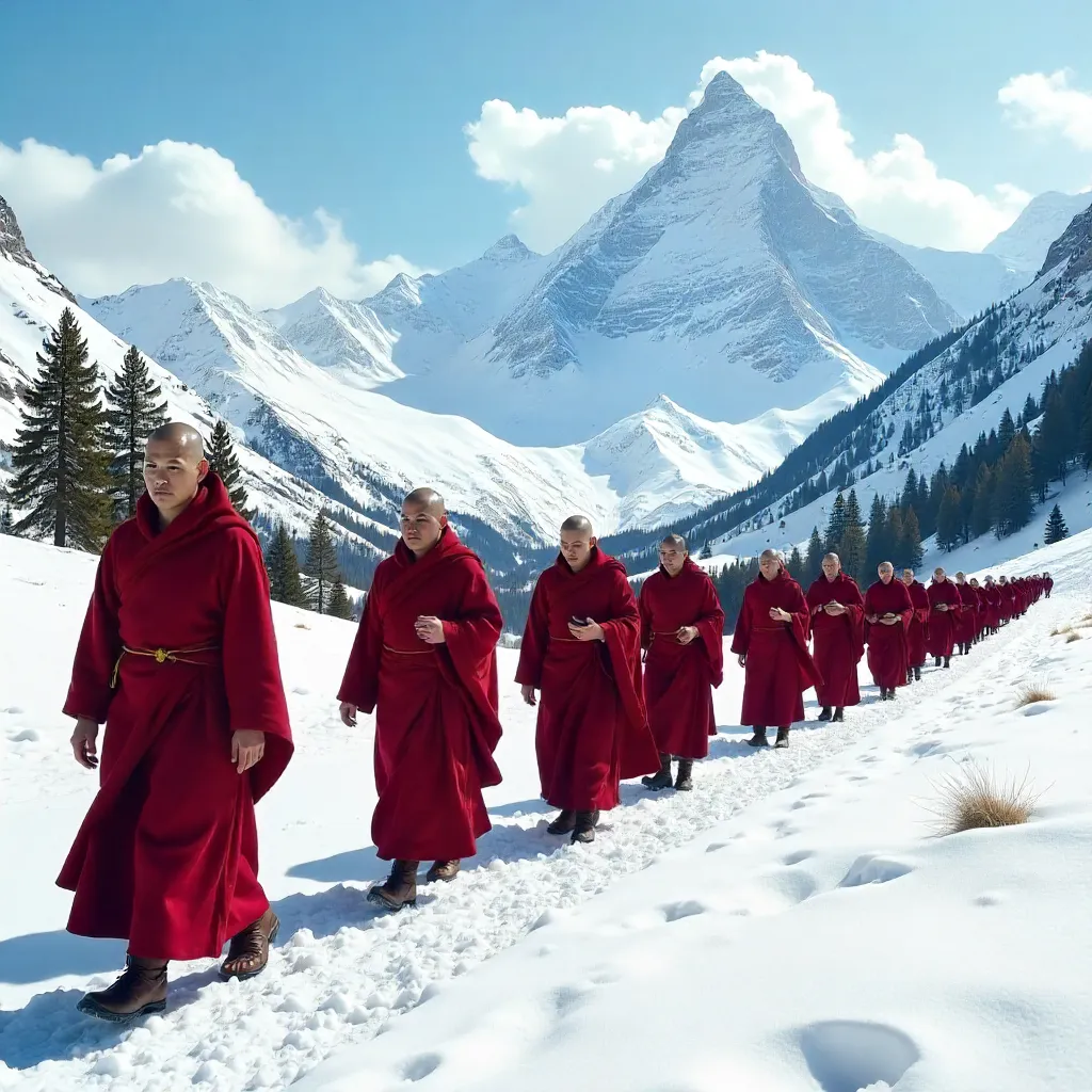 Monks in Red Robes Among Snowy Alpine Peaks