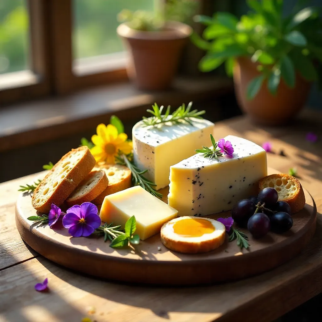 Sunlit Elegant Cheese Platter with Edible Flowers
