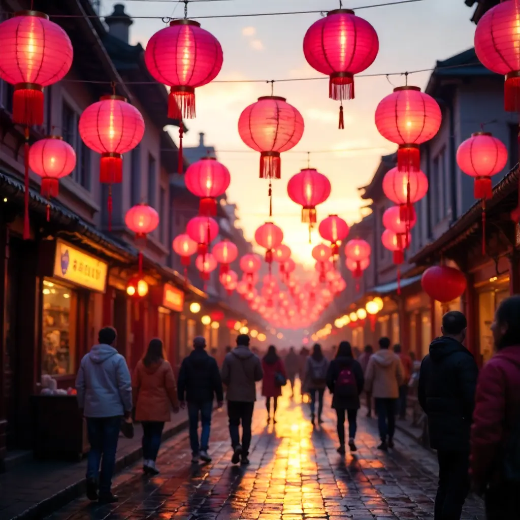 Vibrant Rows of Pink Lanterns with Red Tassels