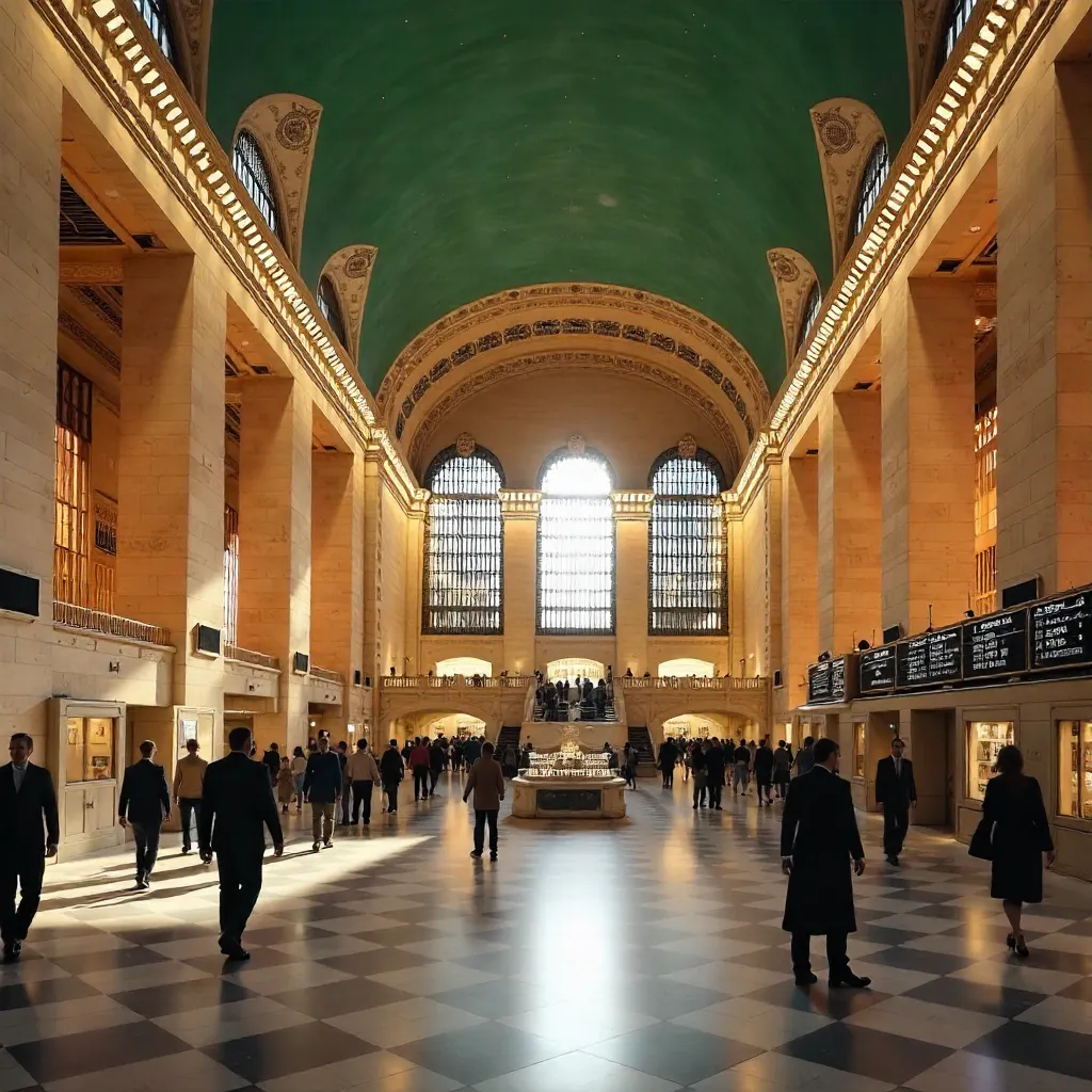 Elegant Grand Central Interior with Chandeliers and Arches