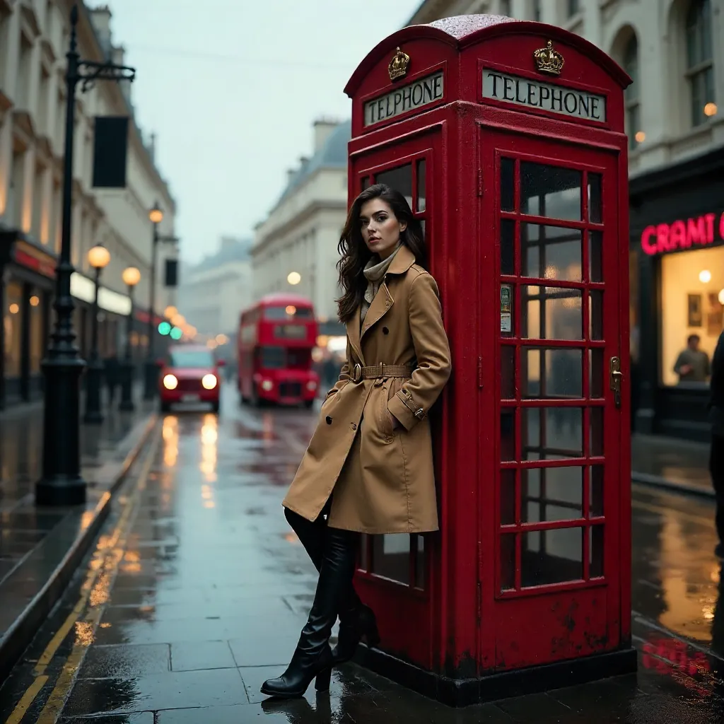 London Street: Woman by a Red Telephone Booth