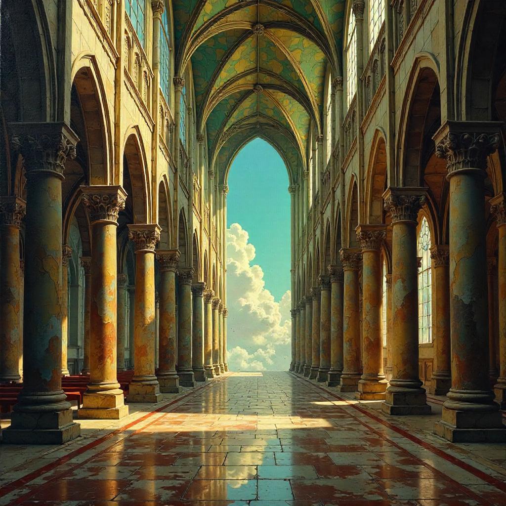 Mirror-Dimension Cathedral in Oil Painting