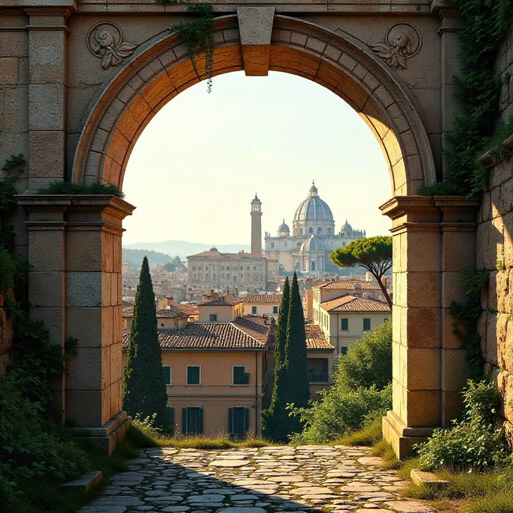Rome Skyline through an Ancient Arch at Golden Hour