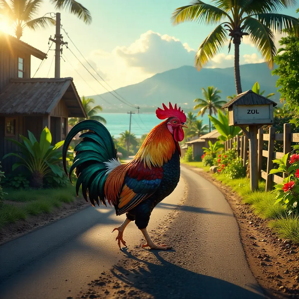 Vibrant Rooster on a Tropical Hawaiian Road