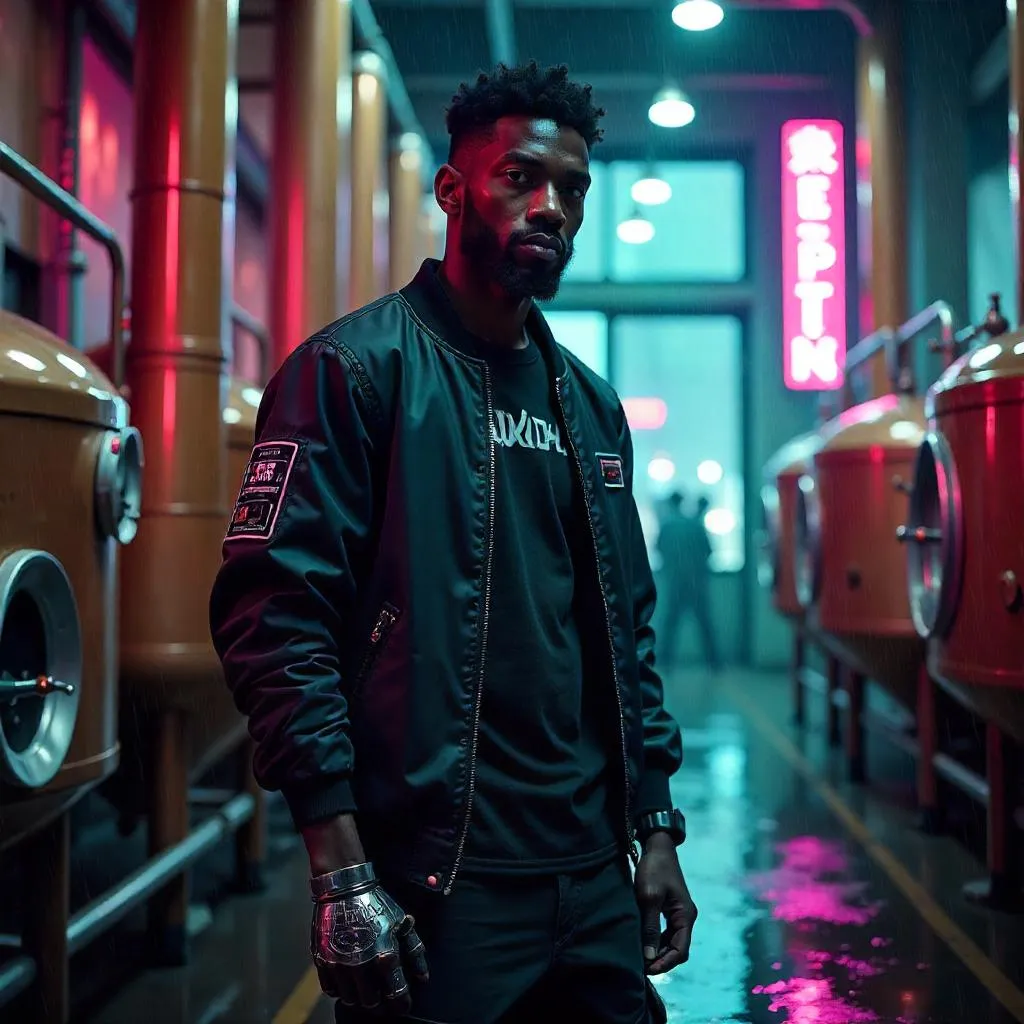 Neon Brew: Cyberpunk Portrait at a Futuristic Brewery