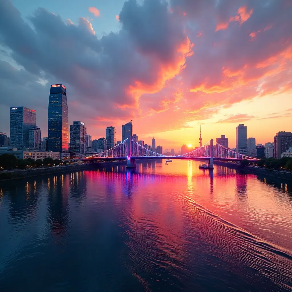 Sunset Over Tokyo Skyline and Rainbow Bridge