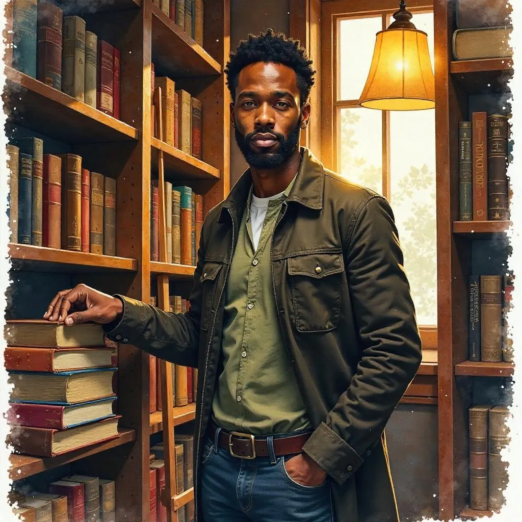 Confident Black Man in a Watercolor Bookstore