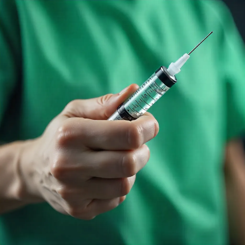 Close-Up: Hand Holding a Syringe on Green Medical Gown
