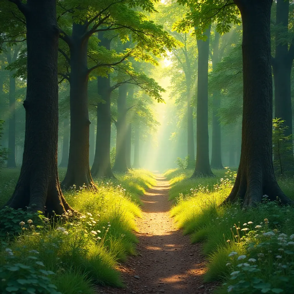 Sunlit Forest Path Amid Tall Summer Trees
