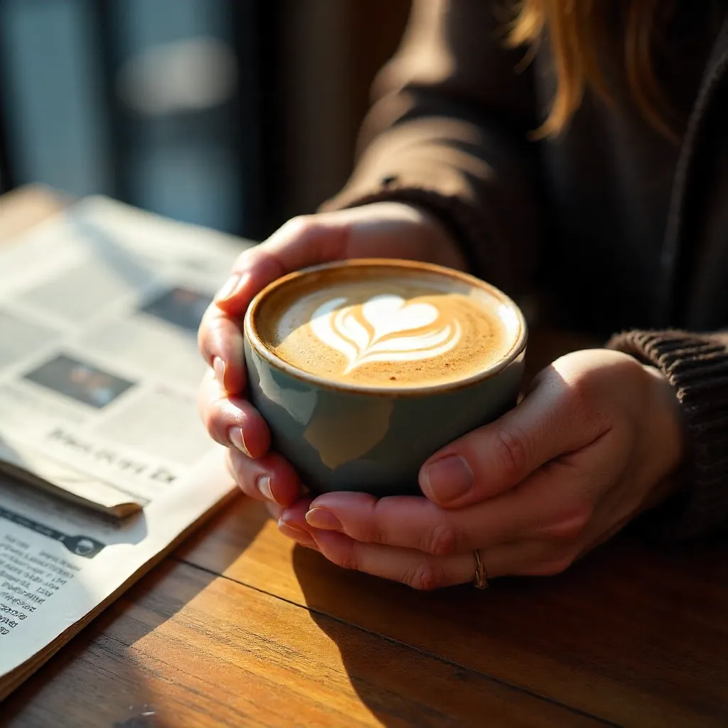 Hands Holding Latte Art beside Newspaper