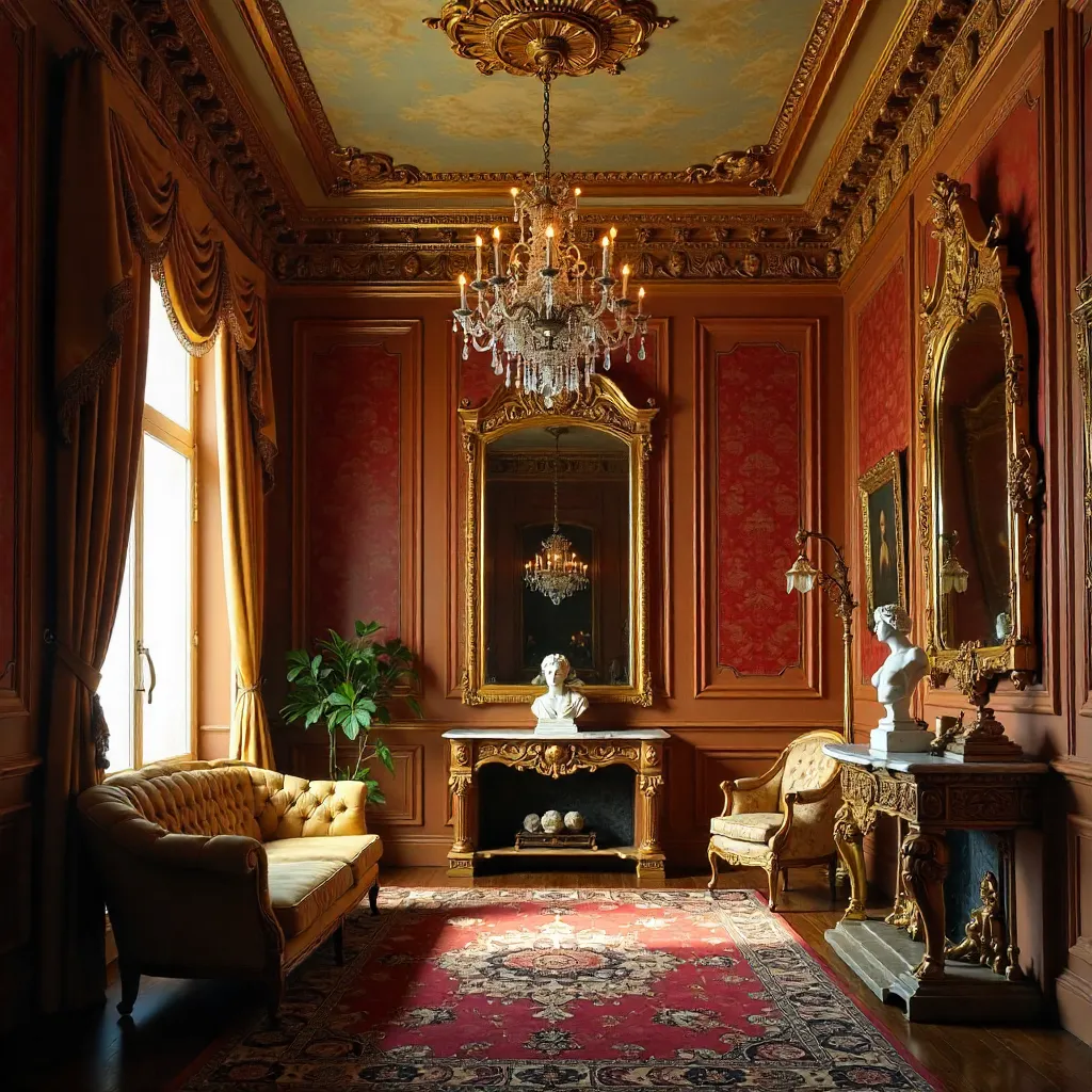 Elegant Vintage Room with Ornate Ceiling and Gold Mirror