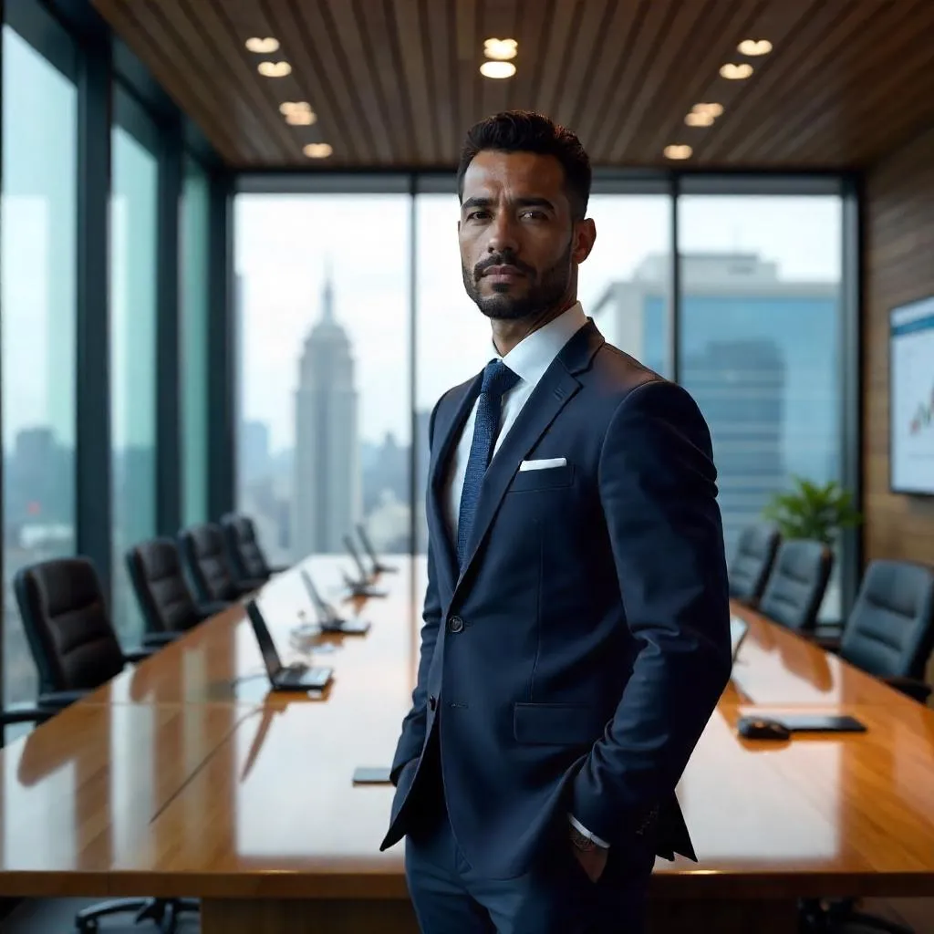 Confident Latino Executive in a Modern Boardroom