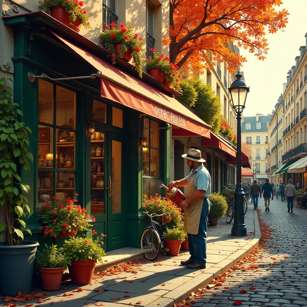 Autumn Gardener by a Paris Shopfront