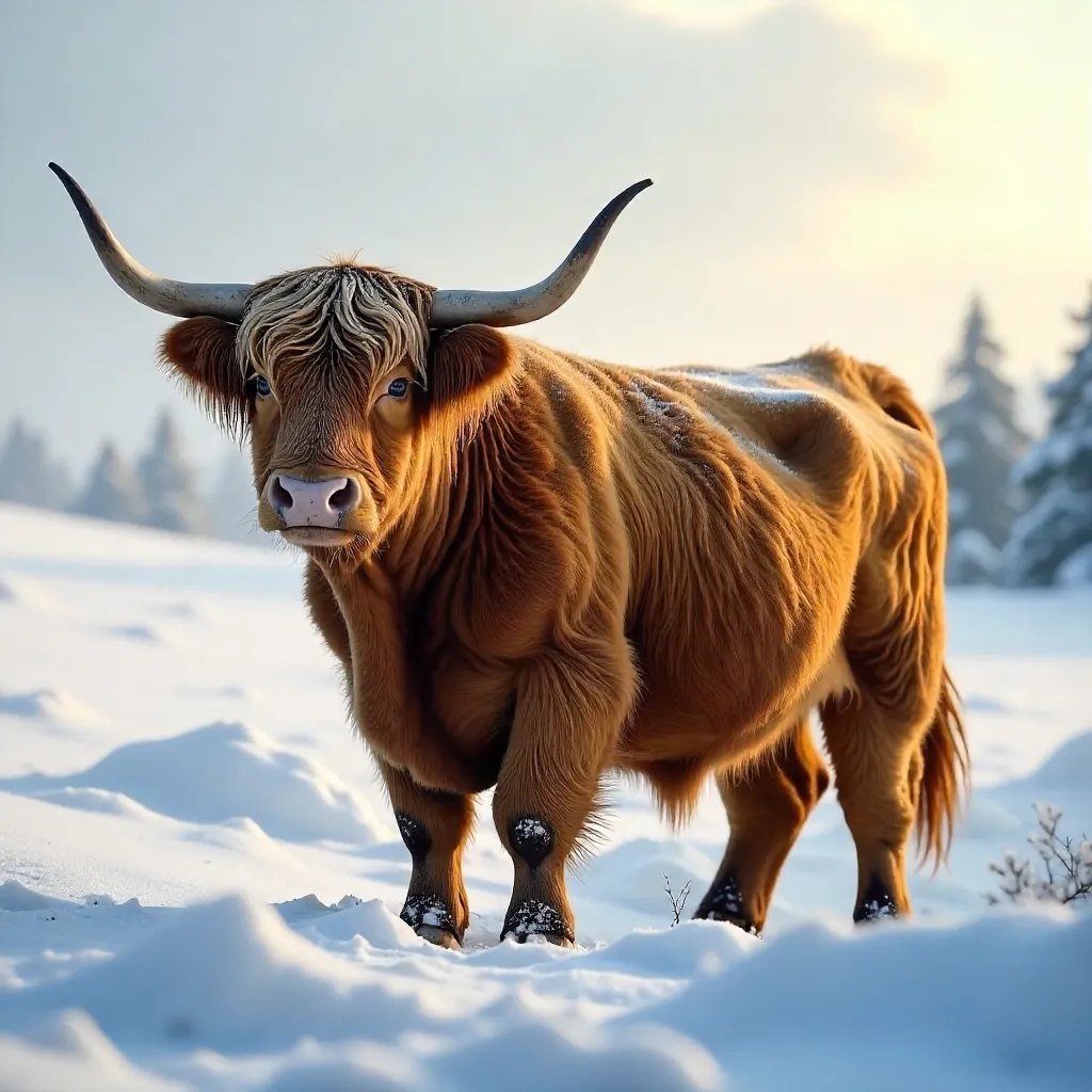 Scottish Highland Cow in Snowy Field with Curved Horns