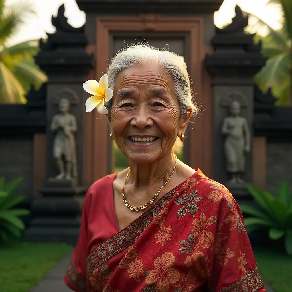 Smiling Balinese Elder amid Traditional Architecture