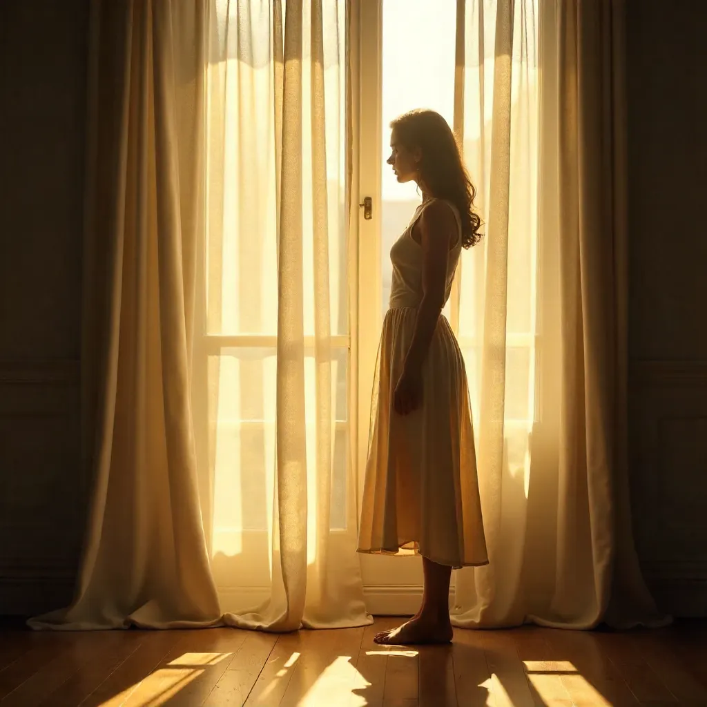 Silhouette Behind Sheer Curtains in Sunlight