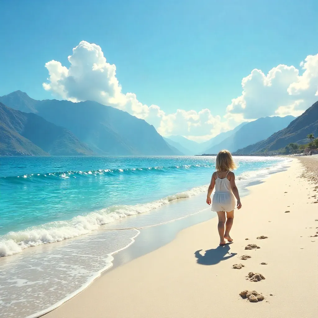 Serene Beach Walk: Child by Clear Blue Seas