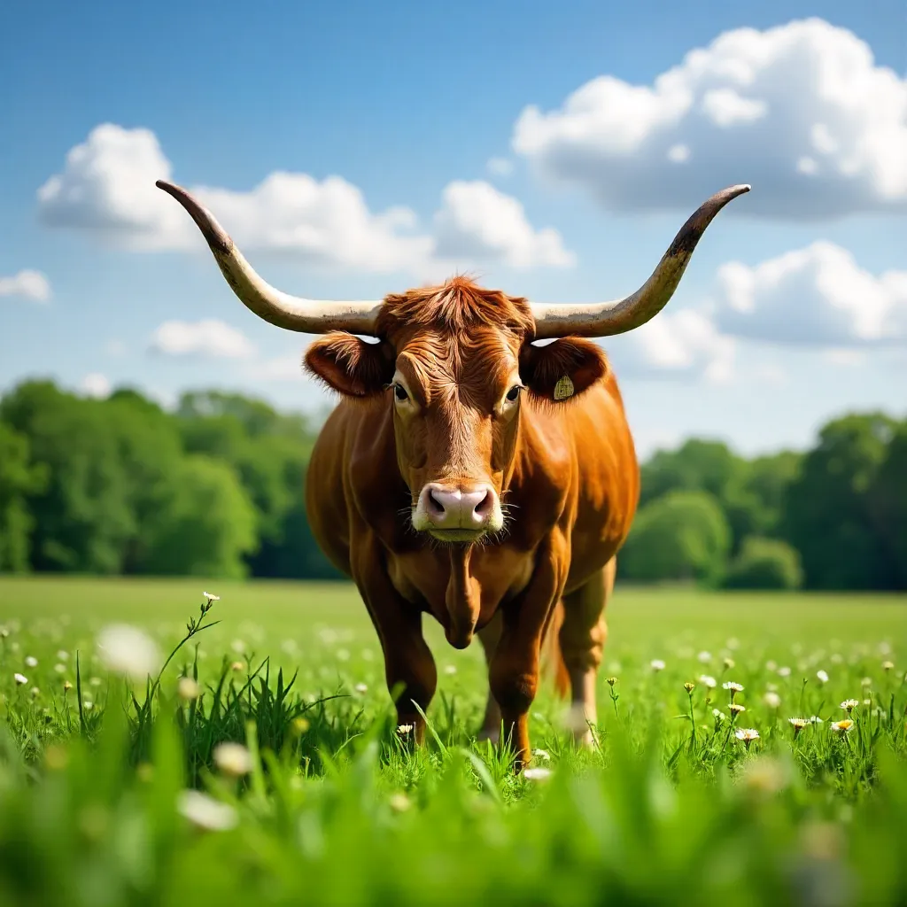 Brown Longhorn Cow Grazing in a Wisconsin Meadow