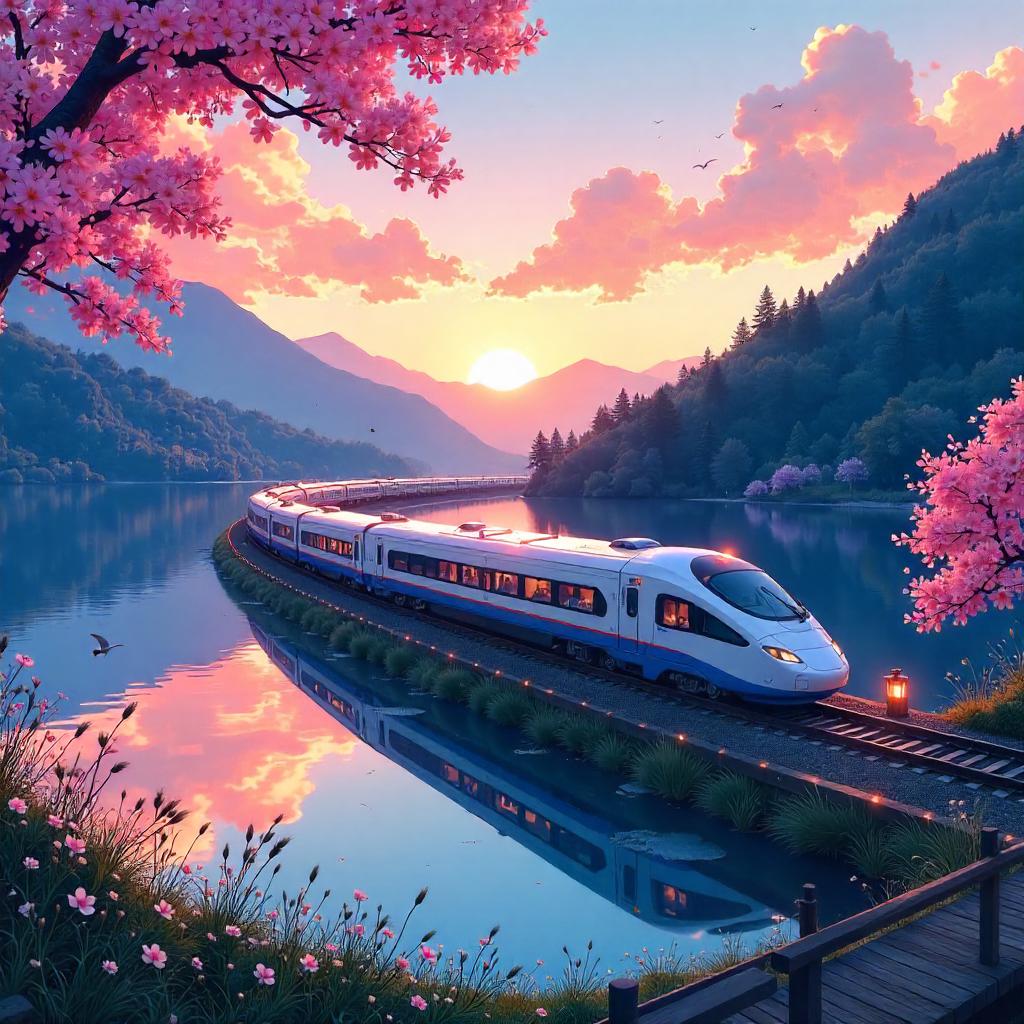 Anime-style Train by a Serene Lakeside Evening