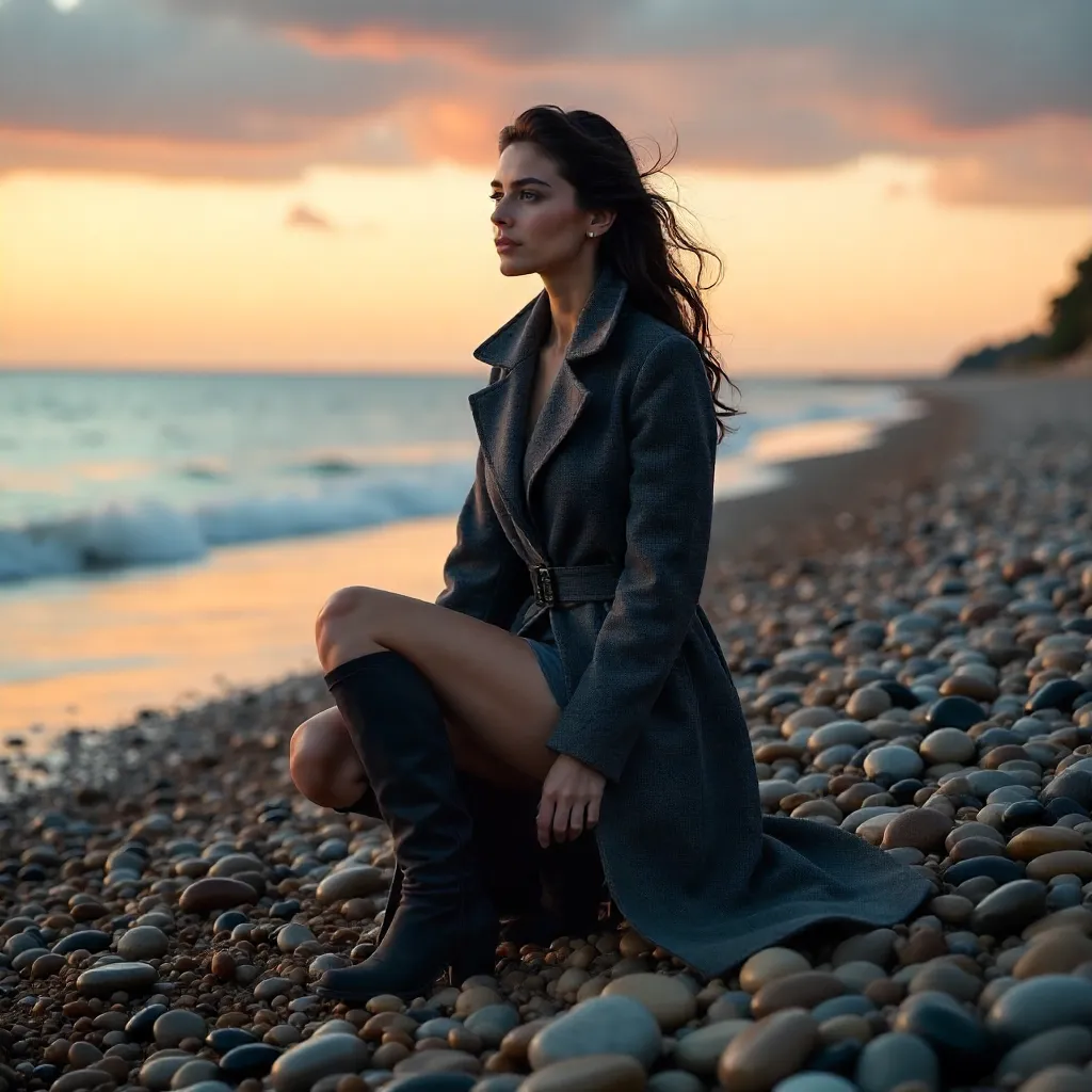 Kneeling on Pebble Beach in an Elegant Charcoal Coat