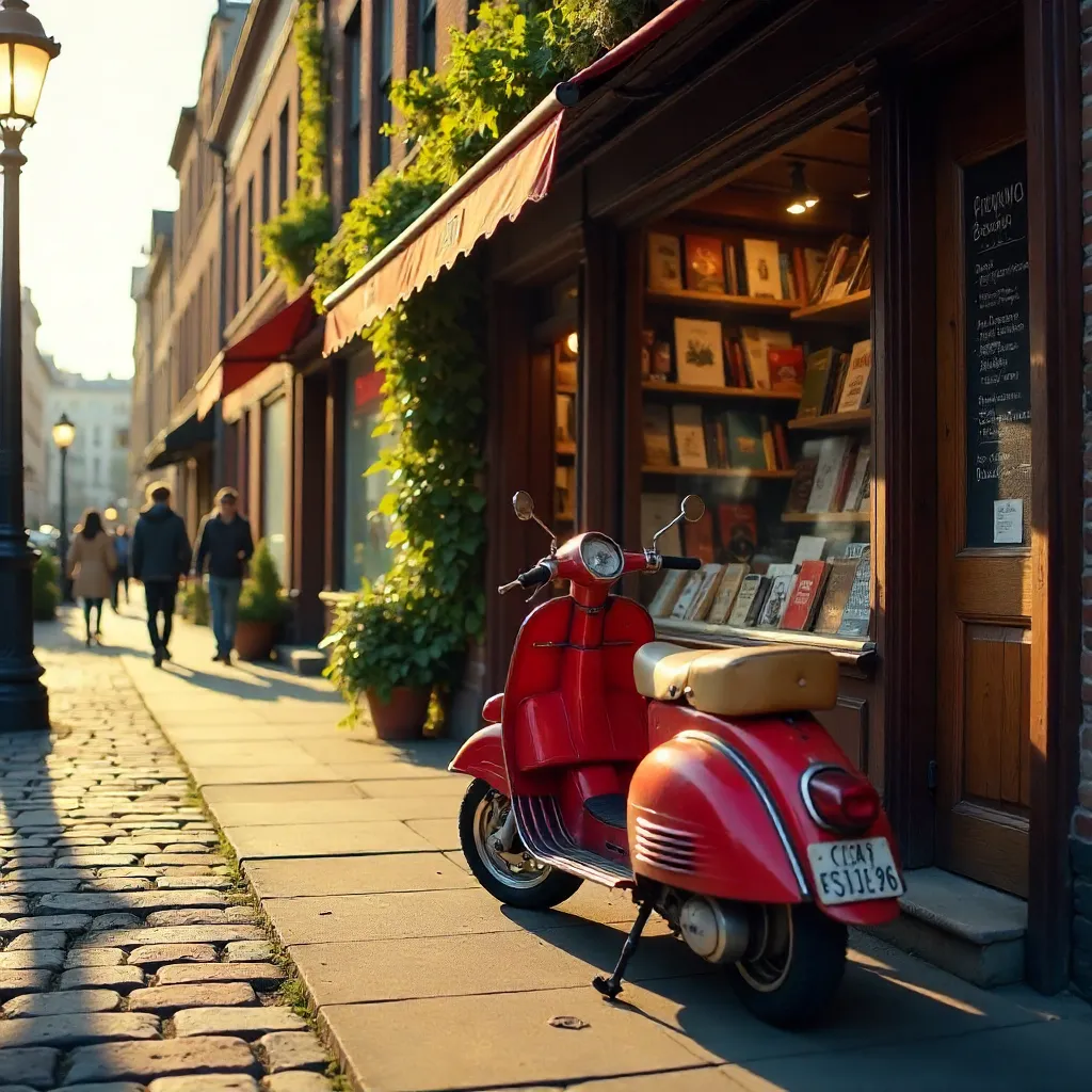 Red Vintage Scooter by a Sunlit Bookstore